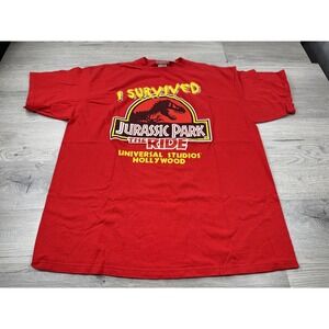 Vintage Jurassic Park Shirt Mens 2XL Red I Survived The Ride Universal 90s